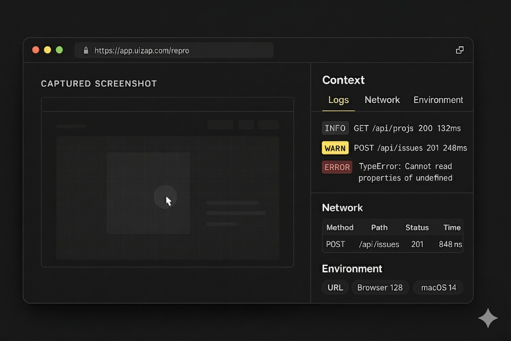Captured screenshot with context panel showing logs, network and environment