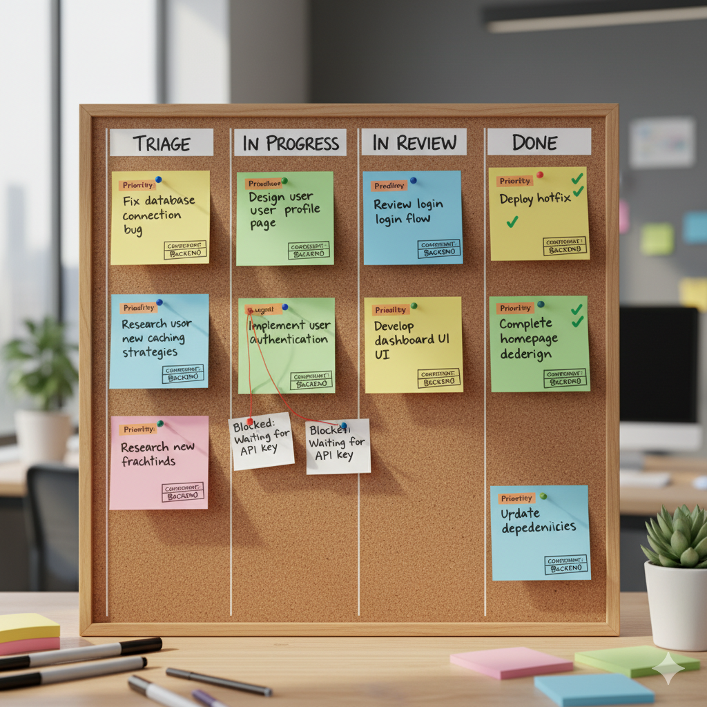 Kanban board with columns for Triage, In Progress, In Review, Done