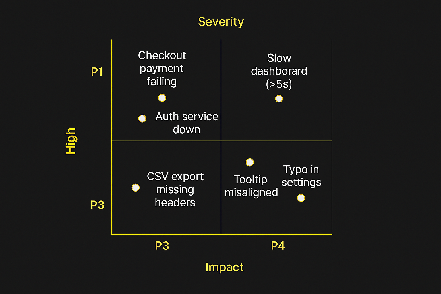 Severity × Impact matrix mapping to P1–P4 with example bugs placed